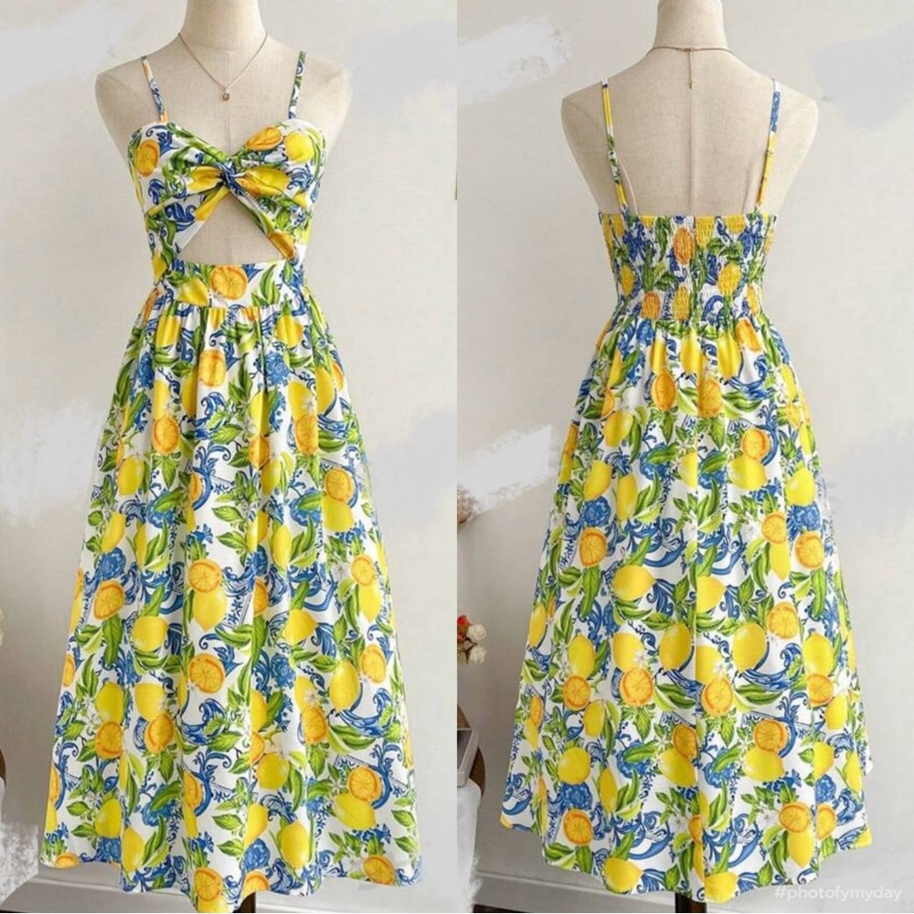 Boho Lemon Print Bandeau Smocked Cut Out Cami Tank Top Midi Dress Yellow